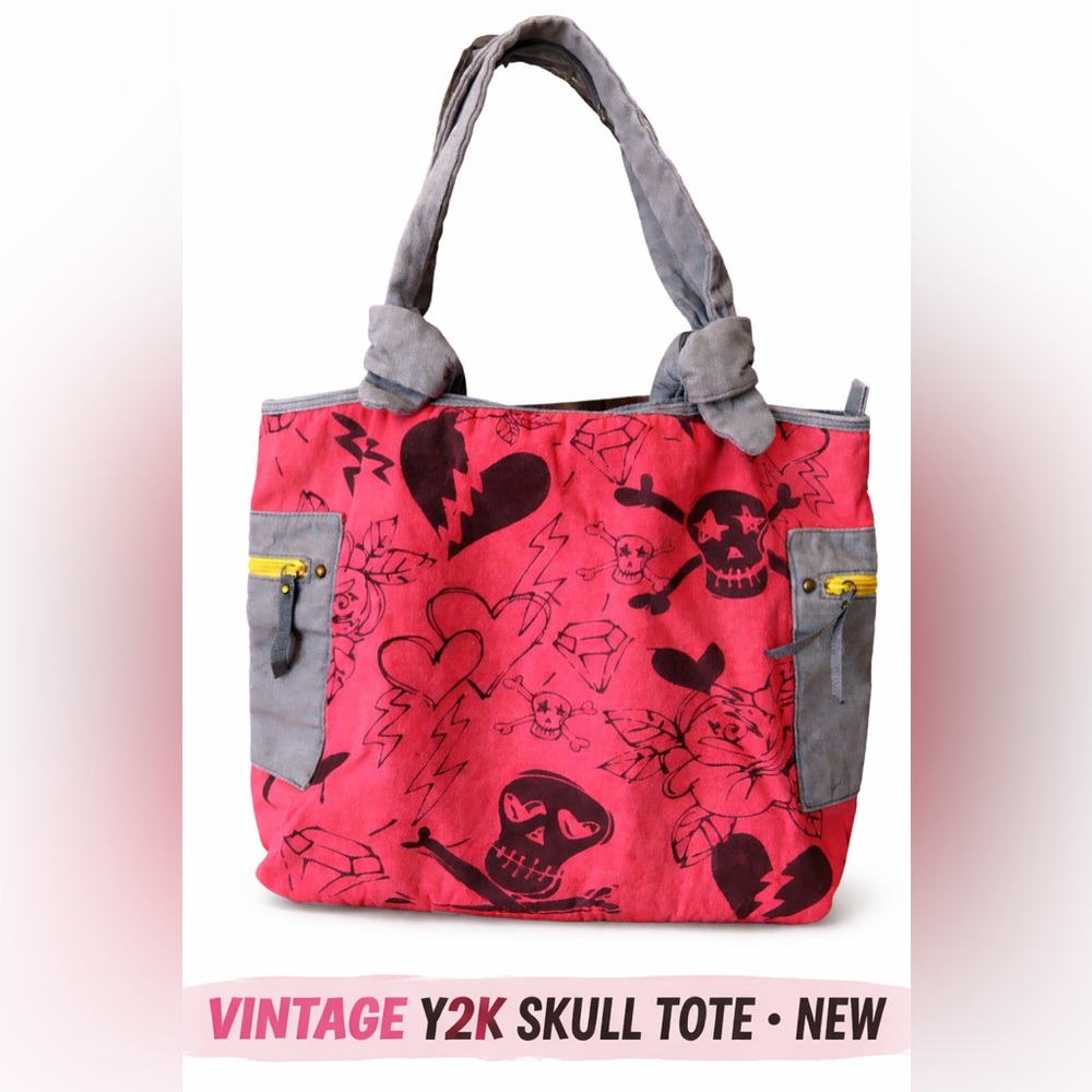 NEW Y2K Pink Grey Washed Canvas  Skull Heart Lightening Edgy Lined Tote RARE